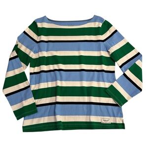 Talbots Women’s Blue Green Cream Stripe Cotton Long Sleeve Boatneck Tee Coastal